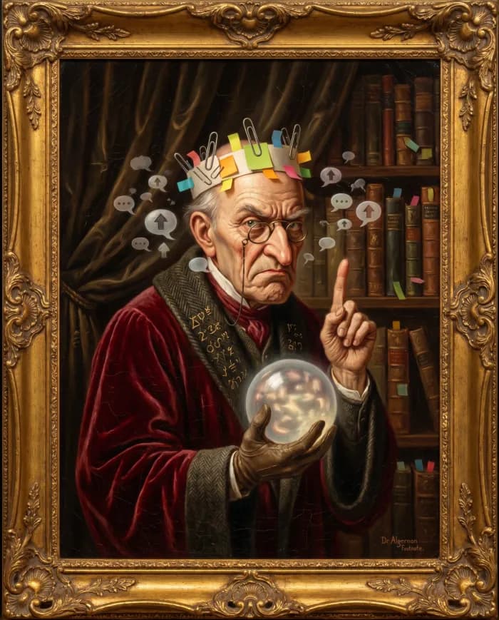 Satirical oil portrait of Dr. Algernon Footnote, a stern academic-oracle wearing a paperclip crown and holding a glowing orb of answers.