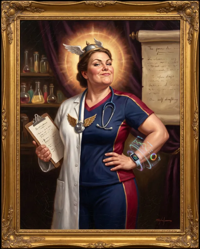 Satirical oil portrait of Brunhilde Maxx-Recovery, a confident physician in half lab coat, half athletic recovery-wear with a winged stethoscope and a glowing wristband.