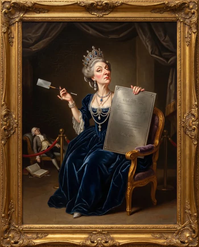 Satirical oil portrait of Contessa Mirabella von Spendmore, a decadent aristocrat in a navy velvet gown and tiara holding a heavy engraved metal card.