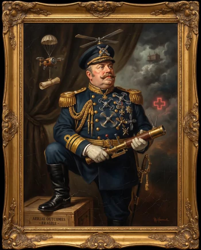 Satirical oil portrait of Captain Reginald Hoverwell, a pompous aviator-captain with a rotor-bladed hat and chest medals shaped like drones.