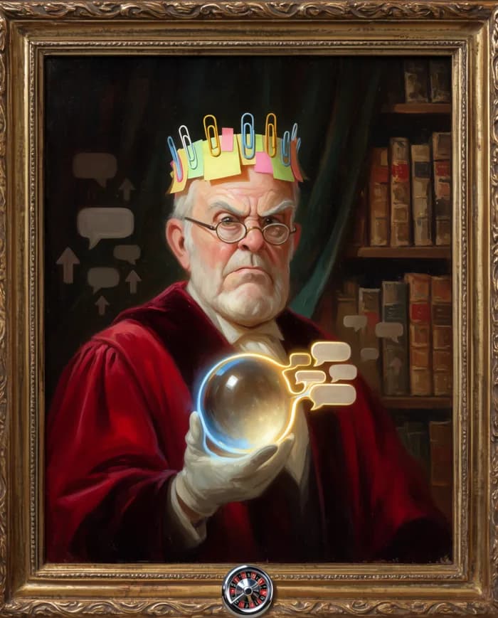 Satirical oil portrait of Dr. Algernon Footnote, a stern academic-oracle wearing a paperclip crown and holding a glowing orb of answers.