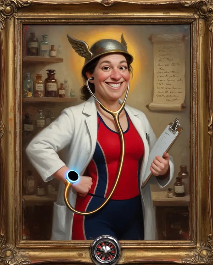 Satirical oil portrait of Brunhilde Maxx-Recovery, a confident physician in half lab coat, half athletic recovery-wear with a winged stethoscope and a glowing wristband.
