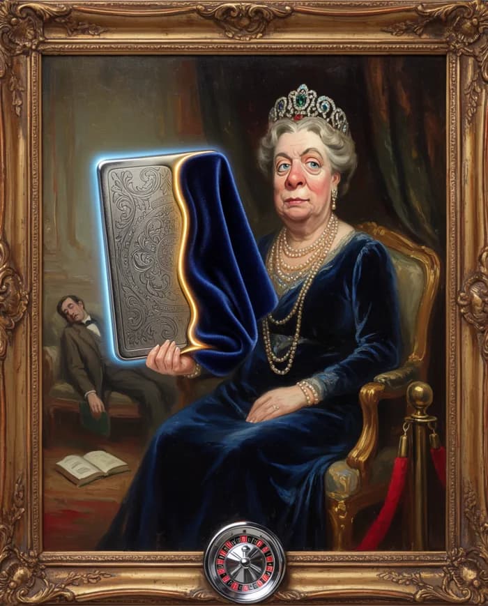 Satirical oil portrait of Contessa Mirabella von Spendmore, a decadent aristocrat in a navy velvet gown and tiara holding a heavy engraved metal card.