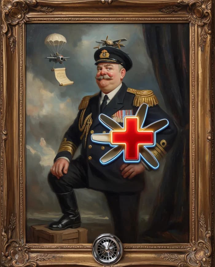 Satirical oil portrait of Captain Reginald Hoverwell, a pompous aviator-captain with a rotor-bladed hat and chest medals shaped like drones.